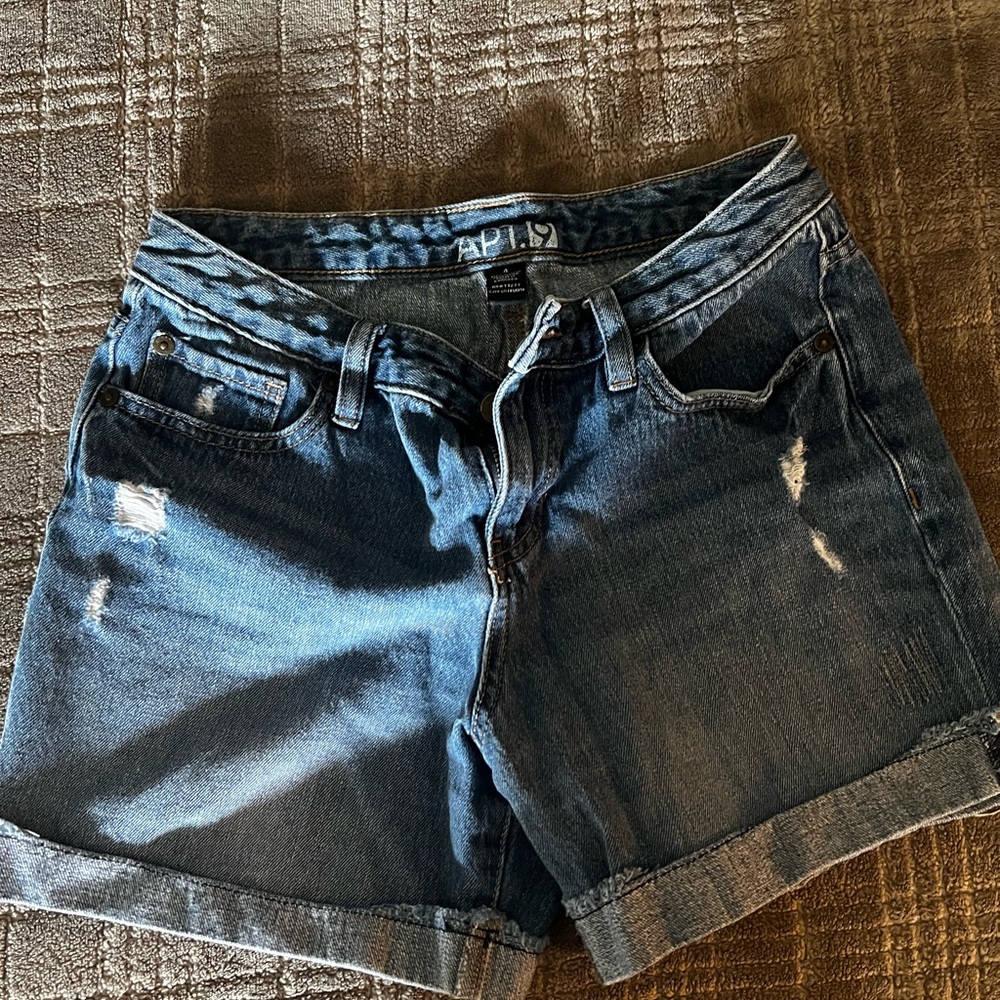 Blue Jean Shorts with Distressed Cuffed Hem